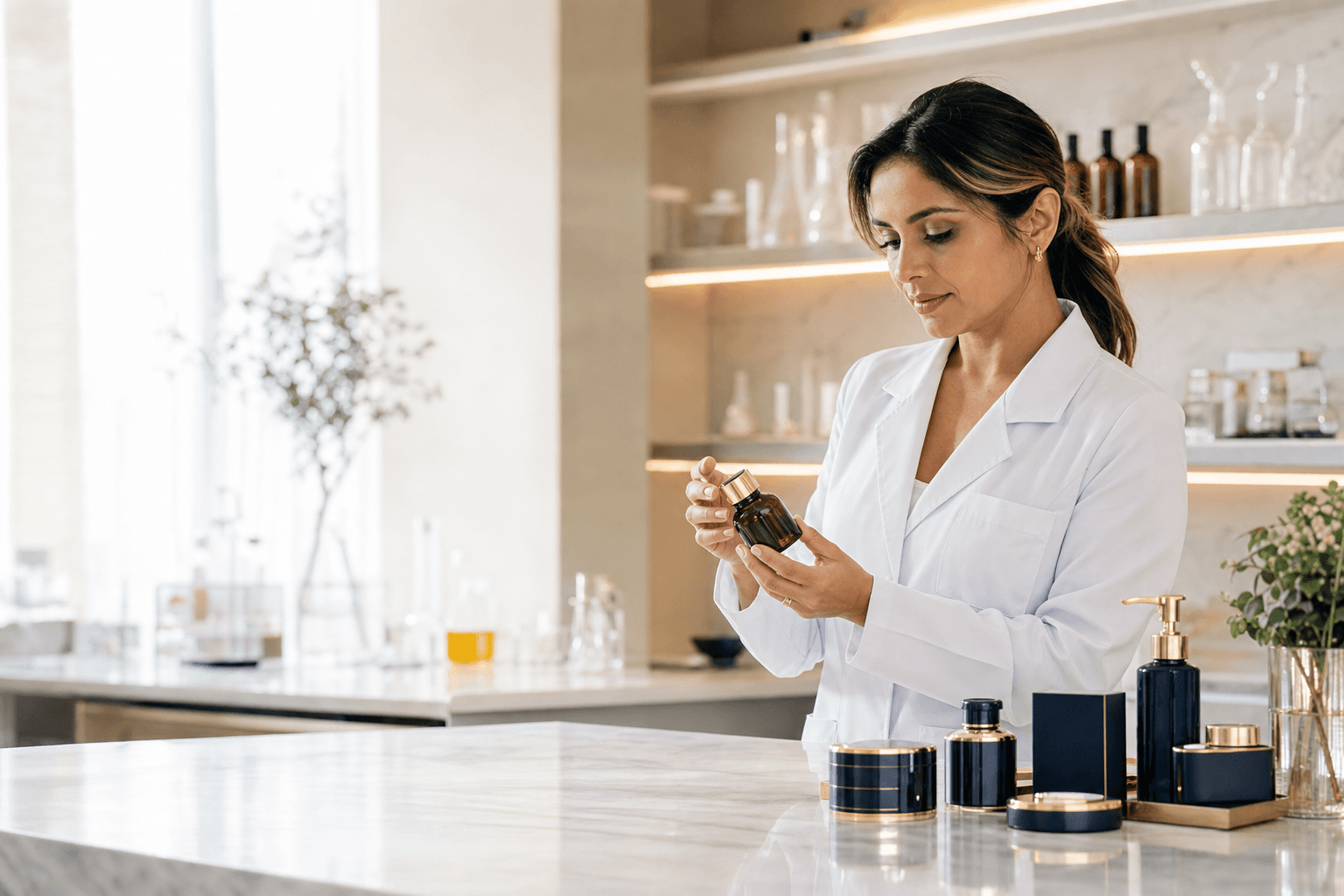 Farmacêutica preparando uma formulação em laboratório