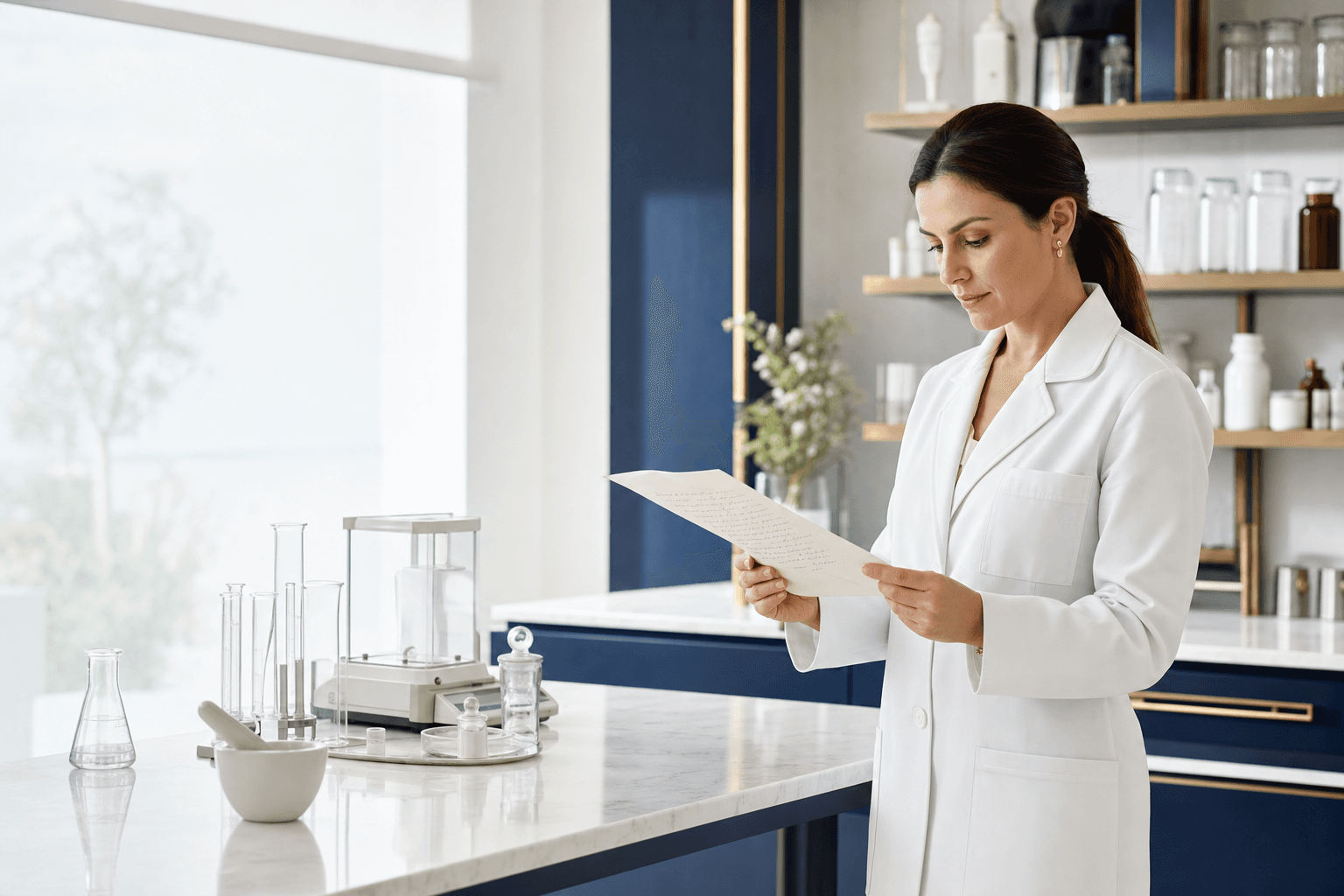 Farmacêutica analisando uma prescrição no laboratório